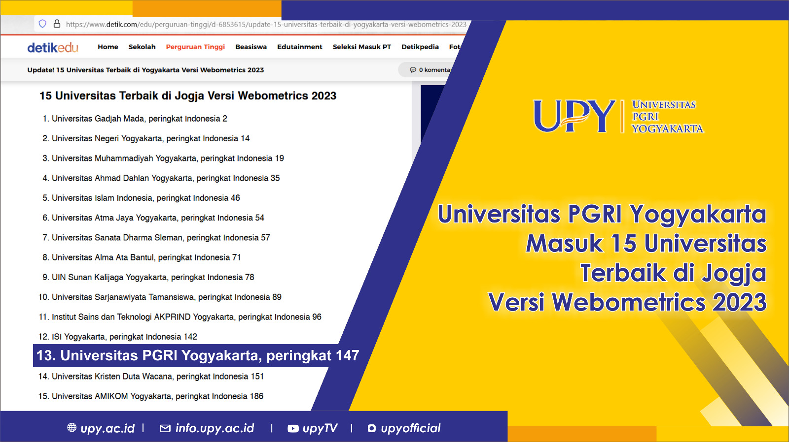 UPY Masuk 15 Universitas Terbaik di Jogja