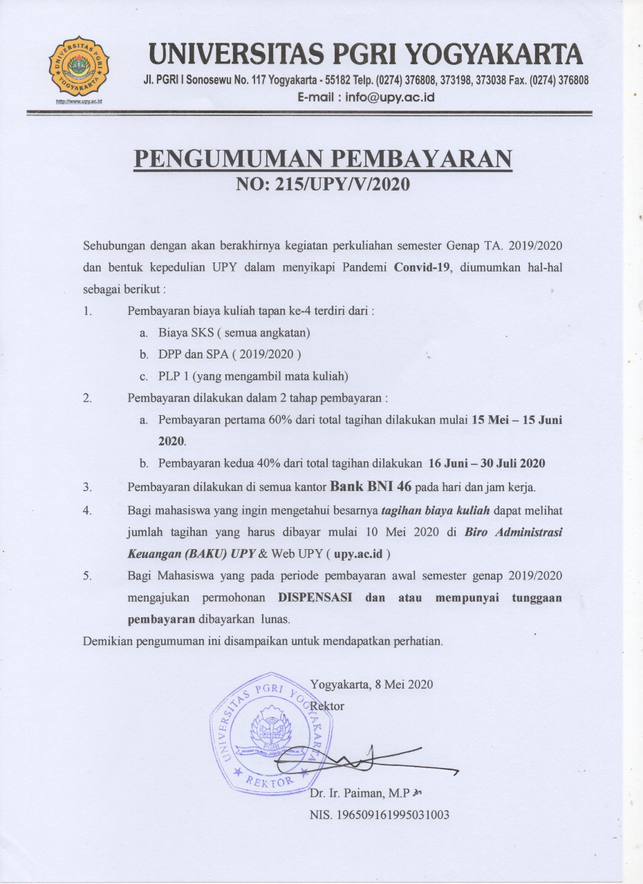 PENGUMUMAN PEMBAYARAN BIAYA KULIAH SEMESTER GENAP TA. 2019/2020