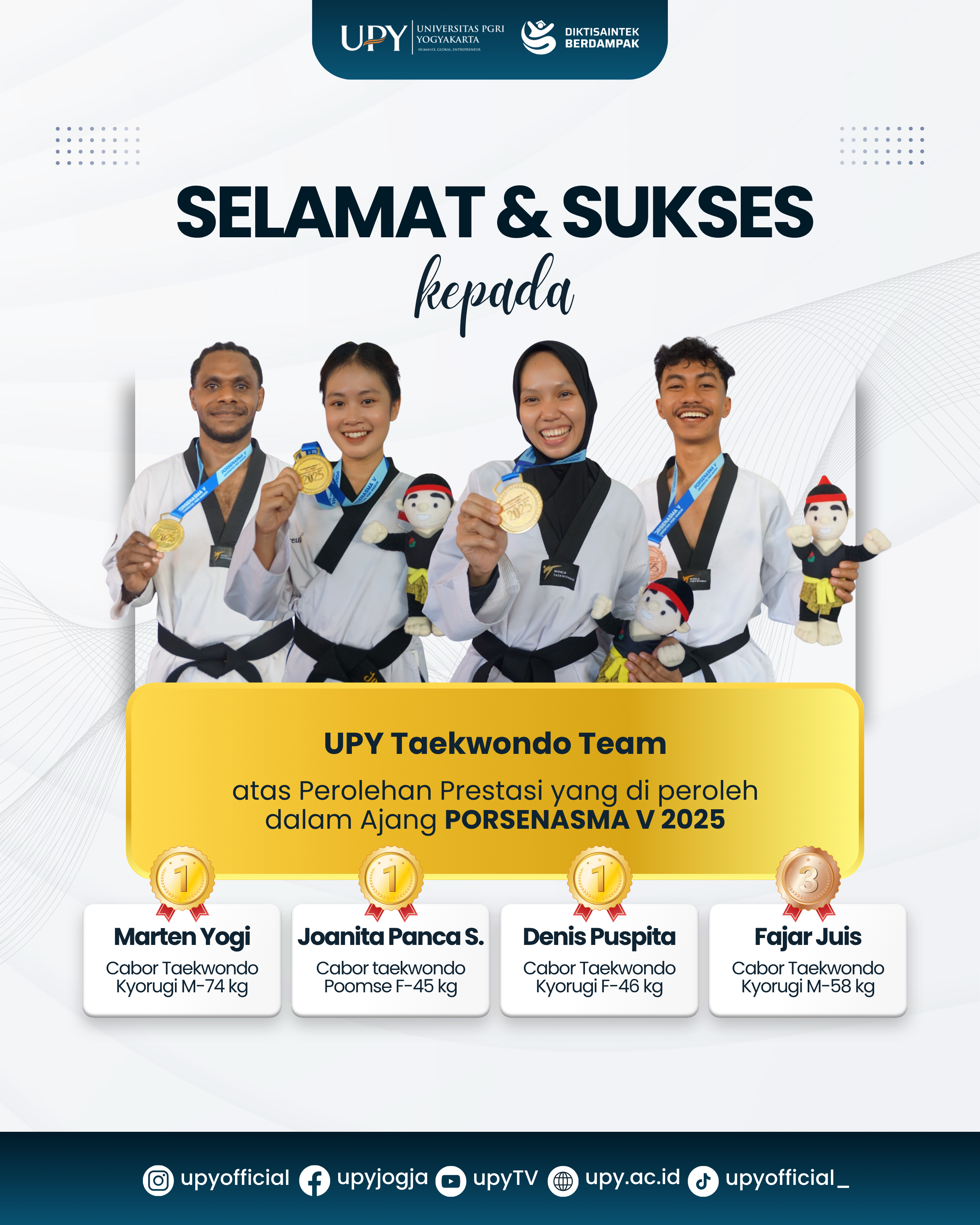 Kontingen Taekwondo Universitas PGRI Yogyakarta Raih 3 Emas dan 1 Perunggu di PORSENASMA V